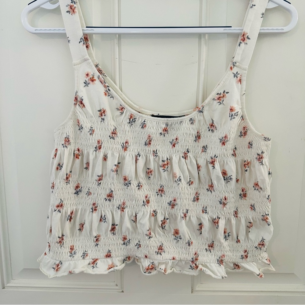 American Eagle Tank Top L | White Gathered Floral Cropped Blue Pink Print